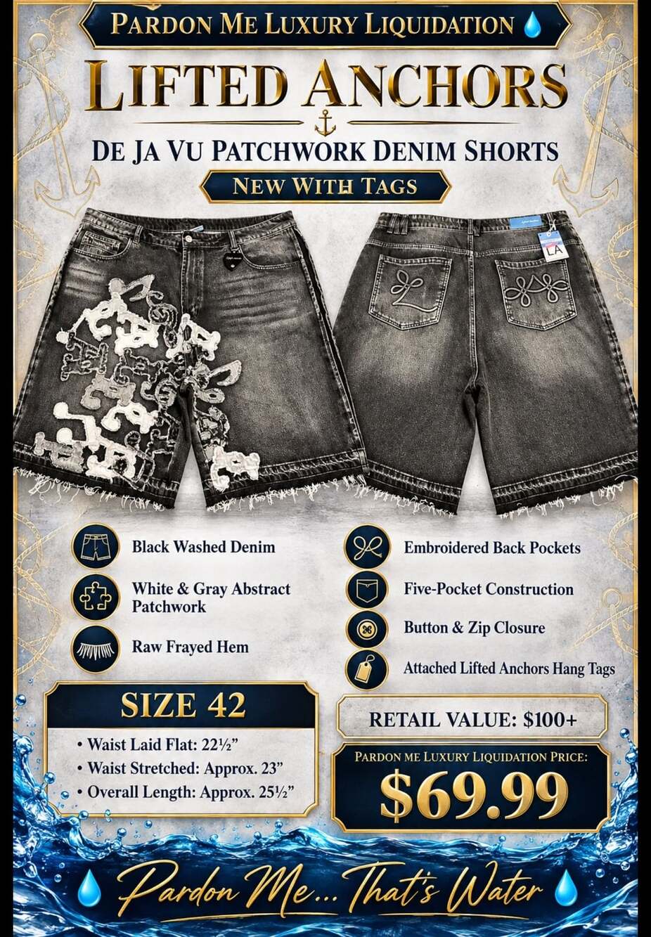 Lifted Anchors De Ja Vu Abstract Patch Raw Hem Denim Shorts